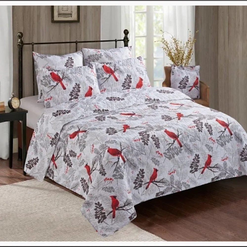 NEW! Red Cardinals Farmhouse Printed QUEEN Quilt Set with matching Tote Boho